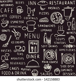 Vector Seamless Pattern Background With Hand Drawn Food, Drink And Restaurant Menu Elements On Blackboard