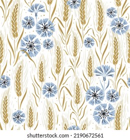 Vector seamless pattern background with hand drawn cornflowers and wheat crops