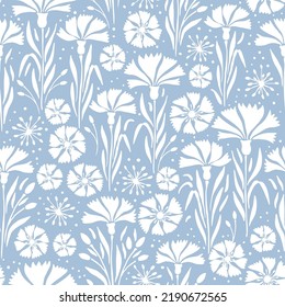 Vector seamless pattern background with hand drawn cornflowers on baby blue background