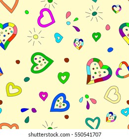 Vector seamless pattern background with hand drawn bright hearts. Happy Valentine's Day.