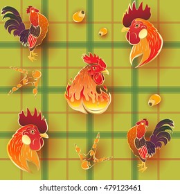 Vector seamless pattern background with hand-drawn holiday symbolic Fire Roosters on a green tablecloth