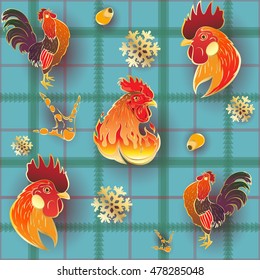 Vector seamless pattern background with hand-painted New Year holiday symbols Fire Roosters on a blue tablecloth