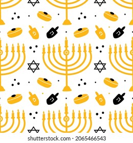 Vector seamless pattern background for Hanukkah celebration design with menorah, dreidels, david stars, sufganiyot and dots.