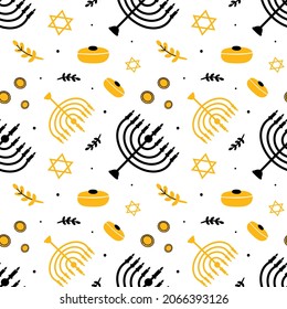 Vector seamless pattern background for Hanukkah celebration design with menorah, david stars, sufganiyot, coins and dots.