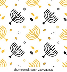 Vector seamless pattern background for Hanukkah celebration design with menorah, dreidels, david stars, coins and dots.
