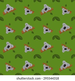 Vector seamless pattern background of happy smiling cute cartoon koala climbing on branch and natural green leaves. Funny zoo australian animal symbol character repeating on green backdrop