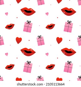 Vector seamless pattern background with hearts, gifts, lips for Valentines Day design. February 14.

