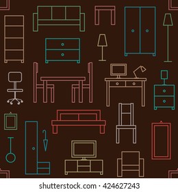 Vector seamless pattern background with home furniture outline icons 1