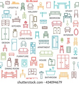 Vector Seamless Pattern Background With Home Furniture Outline Icons 4
