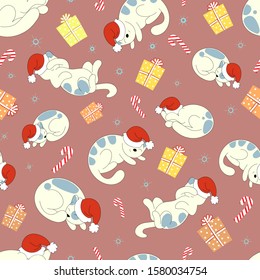 Vector seamless pattern, background for illustrating Christmas and new year . Illustration with slleeping cats in red Santa`s hats surrounded with gifts, candies and snow flakes