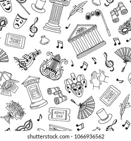 Vector seamless pattern or background illustration with doodle theatre elements