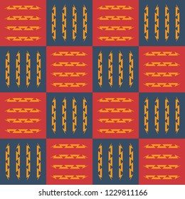 Vector seamless pattern background illustration made with stylized yellow bolt lightnings inside blue and red squares