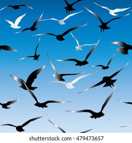 Vector seamless pattern background illustration with flying birds on the light blue sky. Endless texture.