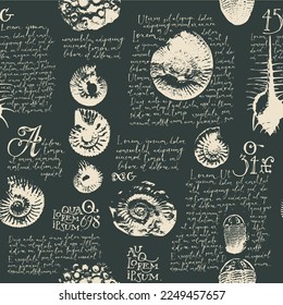 vector seamless pattern background with imprint of ancient ammonite shells and trilobites and text loreum ipsum imitating paleontological catalog or encyclopedia. Suitable for wallpaper design