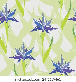 Vector seamless pattern background: Iris In The Jungle. This cool and light pattern presents blue Irises in front of a jungle of pale leaves. Part of One Small Iris collection.