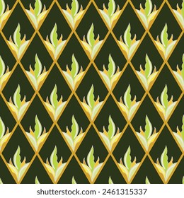 Vector seamless pattern background: Iris Spring Diamonds. This strictly ordered pattern displays cutouts of Iris blossoms in diamond shapes. Part of One Small Iris collection.