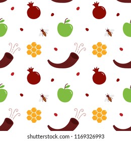 Vector seamless pattern background for jewish new year, Rosh Hashanah with apple, pomegranate, honey, honey bee and musical horn shofar.