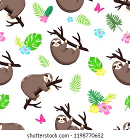 Vector seamless pattern, background. Lovely sloths. Template for printing, web design, clothing, advertising, textiles