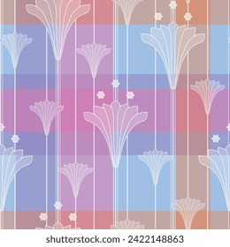 Vector seamless pattern background: Madras Garden. Pale stylized trumpet-like flowers on tender stems hovering in front of a pastel madras check background. Part of Madras Garden collection.