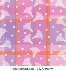 Vector seamless pattern background: Madras Trellis. Elegant trumpet-like flowers growing along vertical lines on a madras check background, among them tiny florets. Part of Madras Garden collection.