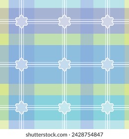 Vector seamless pattern background: Madras Florets. Tiny flowers connected by a lattice of white lines on a madras check background in light blues and greens. Part of Madras Garden collection.