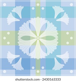 Vector seamless pattern background: Madras Tiles. Flower heads forming elegant centered ornaments on a madras check pattern in pale blue and green shades. Part of Madras Garden collection.