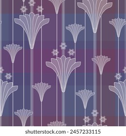 Vector seamless pattern background: Madras Garden At Night. Beautiful transparent trumpet flowers growing on delicate stems on a dark purple madras check. Part of Madras Garden collection.