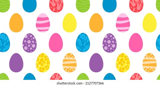 Vector seamless pattern. Background with many Rabbits, eggs, flowers, leaves scattered Festive Easter Day surface pattern design. Spring season. For printing on fabric and paper, cards, social media
