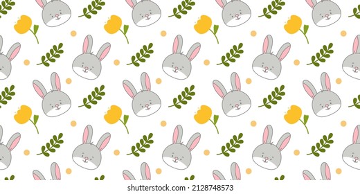 Vector seamless pattern. Background with many Rabbits, eggs, flowers, leaves scattered Festive Easter Day surface pattern design. Spring season. For printing on fabric and paper, cards, social media
