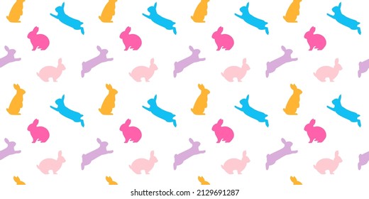Vector seamless pattern. Background with many Rabbits, eggs, flowers, leaves scattered. Festive Easter Day surface pattern design Spring season. For printing on fabric and paper, cards, social media
