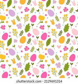 Vector seamless pattern. Background with many Rabbits, eggs, flowers, leaves scattered. Festive Easter Day surface pattern design Spring season. For printing on fabric and paper, cards, social media
