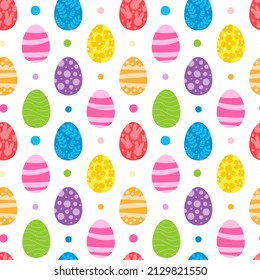 Vector seamless pattern. Background with many Rabbits, eggs, flowers, leaves scattered Festive Easter Day surface pattern design. Spring season. For printing on fabric and paper, cards, social media
