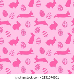 Vector seamless pattern. Background with many Rabbits, eggs, flowers, leaves scattered Festive Easter Day surface pattern design. Spring season. For printing on fabric and paper, cards, social media
