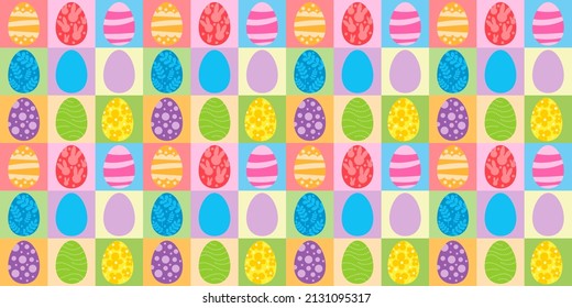 Vector seamless pattern. Background with many Rabbits, eggs, flowers, leaves scattered Festive Easter Day surface pattern design. Spring season. For printing on fabric and paper, cards, social media
