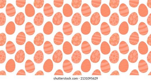 Vector seamless pattern. Background with many Rabbits, eggs, flowers, leaves scattered Festive Easter Day surface pattern design. Spring season. For printing on fabric and paper, cards, social media

