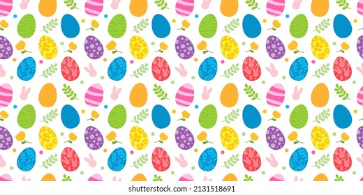 Vector seamless pattern. Background with many Rabbits, eggs, flowers, leaves scattered Festive Easter Day surface pattern design. Spring season. For printing on fabric and paper, cards, social media
