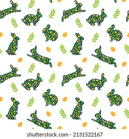 Vector seamless pattern. Background with many Rabbits, eggs, flowers, leaves scattered. Festive Easter Day surface pattern design Spring season. For printing on fabric and paper, cards, social media
