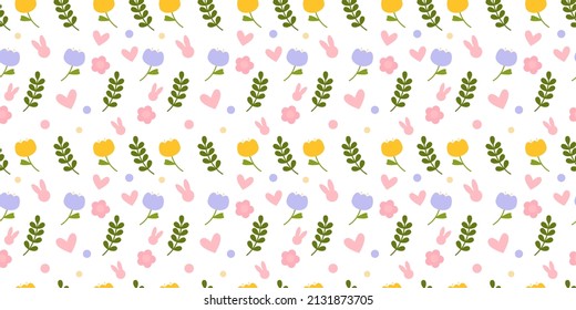 Vector seamless pattern. Background with many Rabbits, eggs, flowers, leaves scattered Festive Easter Day surface pattern design. Spring season. For printing on fabric and paper, cards, social media
