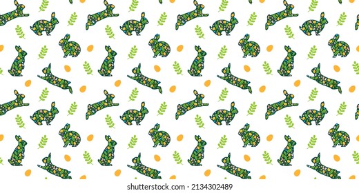 Vector seamless pattern. Background with many Rabbits, eggs, flowers, leaves scattered. Festive Easter Day surface pattern design Spring season. For printing on fabric and paper, cards, social media
