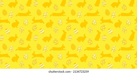 Vector seamless pattern. Background with many Rabbits, eggs, flowers, leaves scattered Festive Easter Day surface pattern design. Spring season. For printing on fabric and paper, cards, social media
