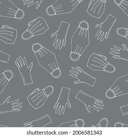 Vector seamless pattern background with medical face mask and rubber gloves for healthcare, medical design. Vector illustration. Drawn by hand in a doodle style. Modern texture for your design can be