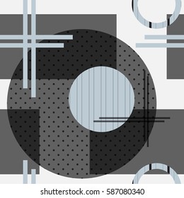 Vector seamless pattern for background. Memphis style in black, gray and white colors. Hipster backdrop. Abstract shapes, retro design.