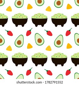 Vector seamless pattern background with mexican guacamole dip, spread in bowl with avocado, chili pepper and nacho chips.