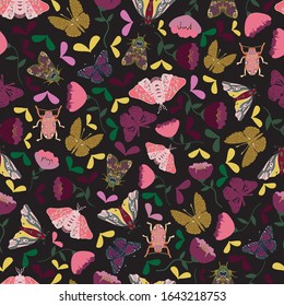 Vector seamless pattern background with moths and flowers. black background.