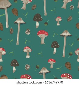 Vector seamless pattern background with mushrooms. Green background.