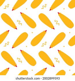 Vector seamless pattern background with mustard bottles, sauce packages and dots for food, fast food design.
