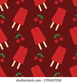 Vector seamless pattern background for National Cherry Popsicle day in USA, with popsicles and fresh cherries.