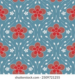 Vector seamless pattern background: Ogee Contentment. Small leaves and blossoms weaving an ogee pattern around simple red flowers. Part of Kitchen Flowers collection.