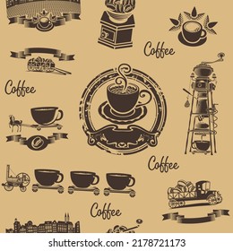 Vector seamless pattern background on the coffee theme with various coffee illustrations. Suitable for wallpaper, wrapping paper or fabric in retro style