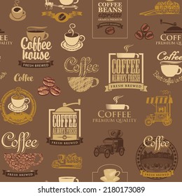 Vector seamless pattern background on the coffee theme with coffee beans, inscriptions and illustrations in retro style. Suitable for wallpaper, wrapping paper or fabric